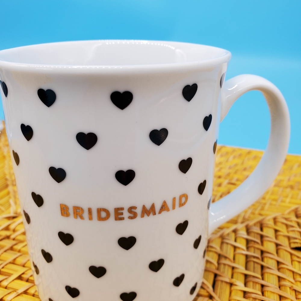 Bridesmaid Coffee Mug Cup White, Black Hearts Gold Wedding Gift Fringe Studio